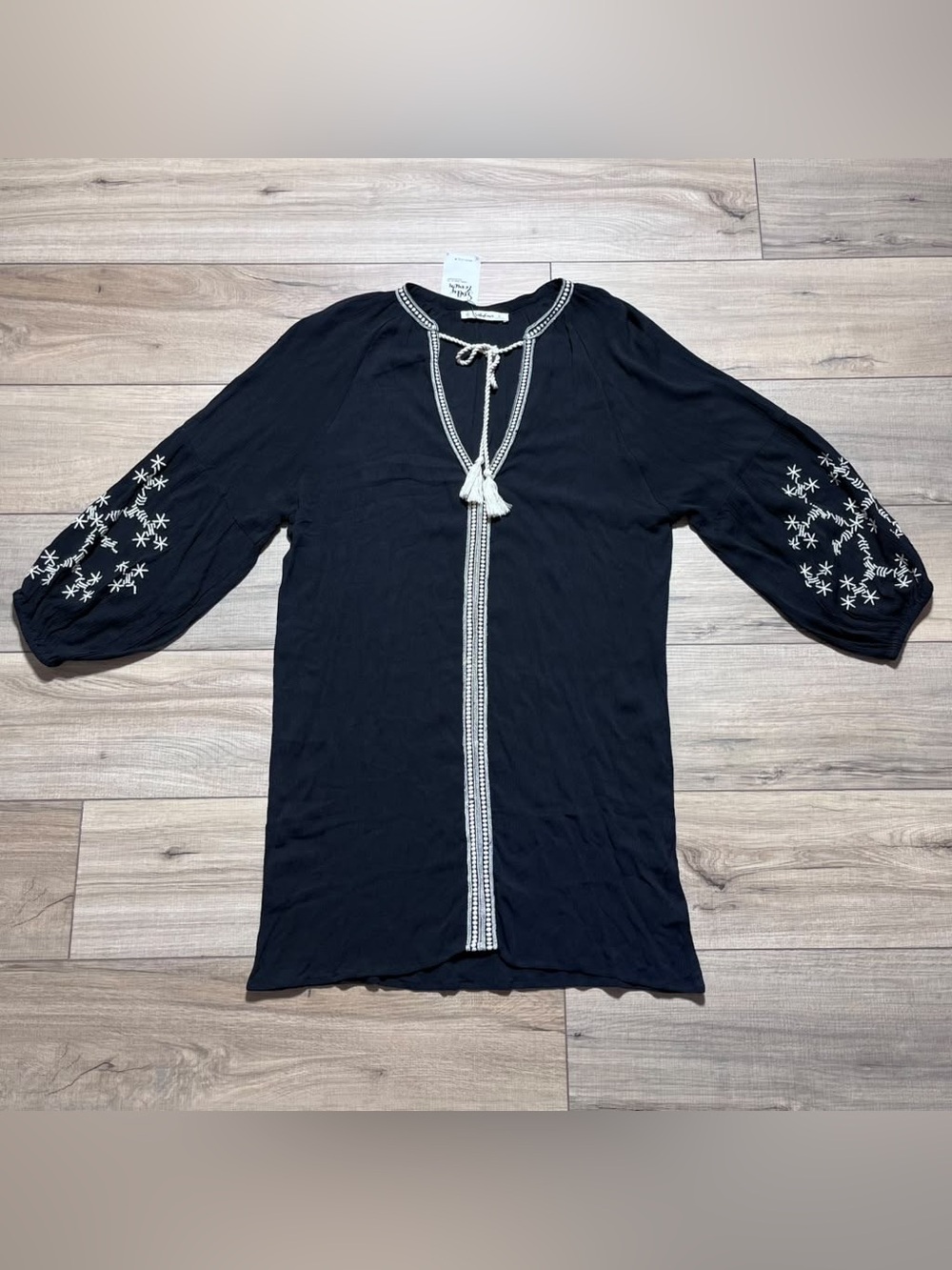 Salty Lemon Womens Embroidered Tassel Swim Cover Up Size Large Black Cream